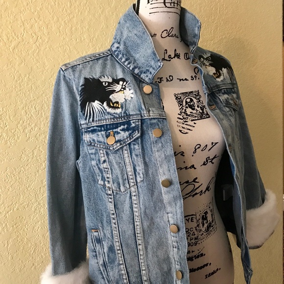 PAM & GELA Denim Jacket w/Genuine Rabbit Fur Trim - Picture 3 of 4